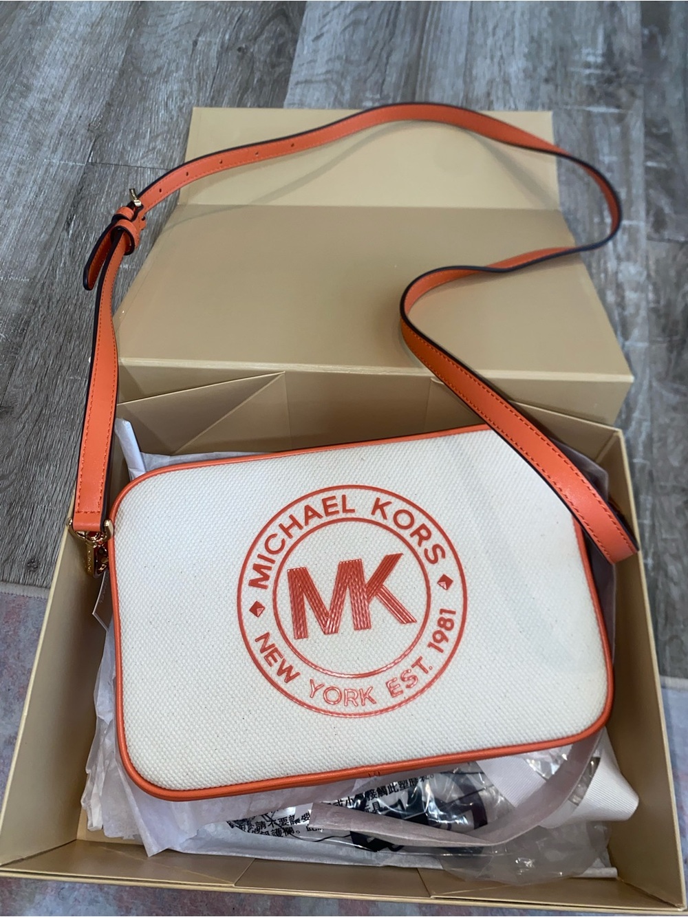 Michael Kors White and Orange MK Logo Crossbody Bag